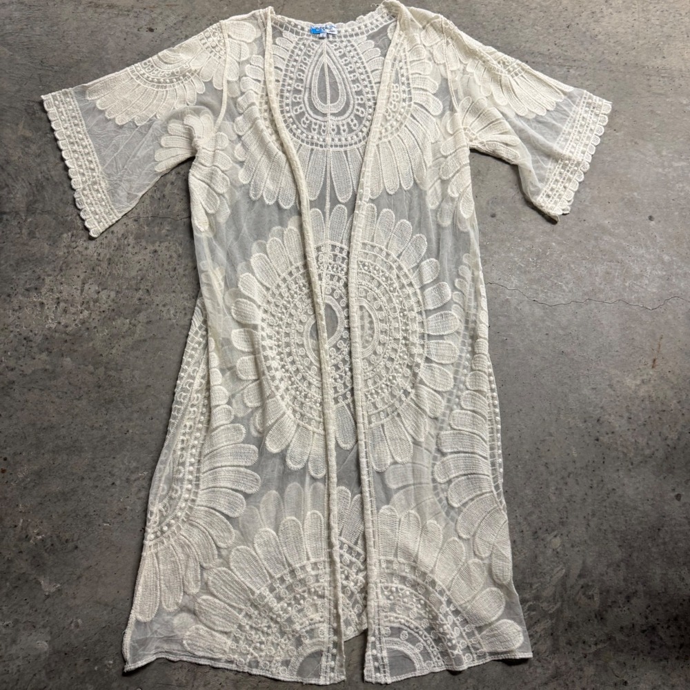 Rebellion Again White Lace Sheer Open Kaftan Kimono Boho Beach Coquette Festival